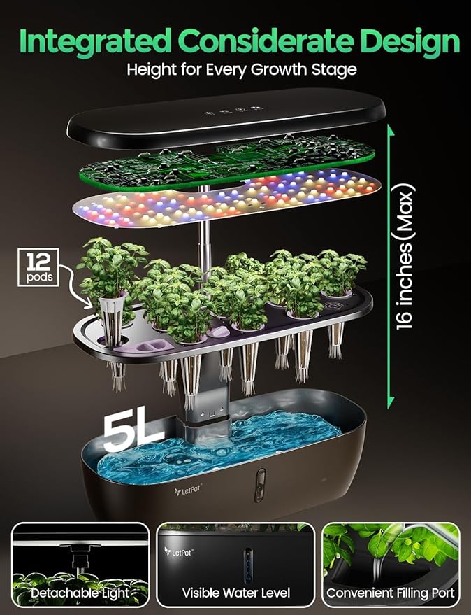LETPOT LPH-Lite Hydroponics Growing System, 12 Pods Smart Herb Garden Kit Indoor, Indoor Garden, APP & WiFi Controlled, with 24W Growing LED, 5.5L Water Tank, Pump System, Automatic Timer