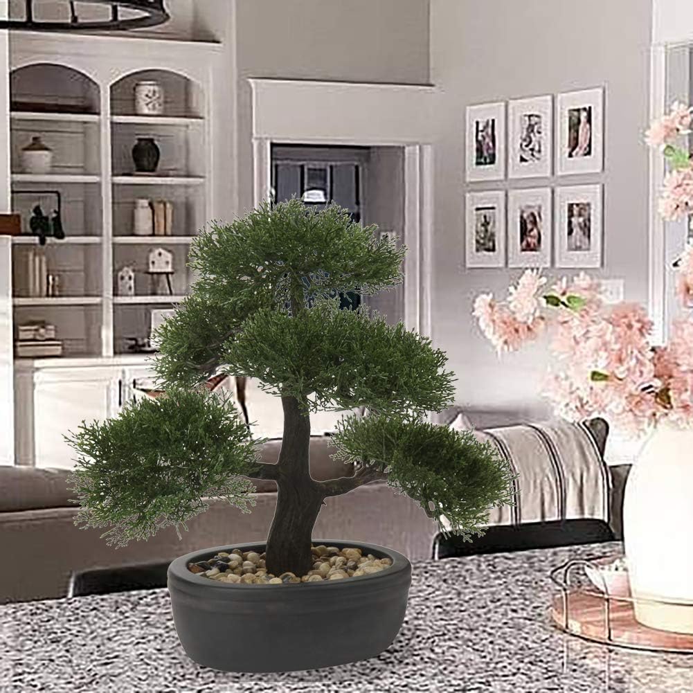 Artificial Bonsai Tree Juniper Faux Plants Indoor Small Fake Plants Decor with Black Plastic Pots for Home Table Office Desk Bathroom Shelf Bedroom Living Room Farmhouse Decorations