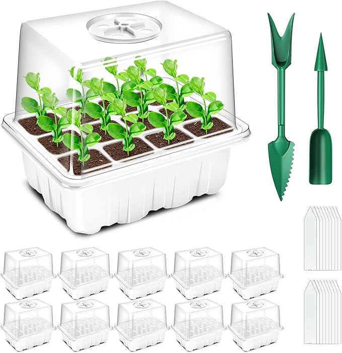 YAUNGEL Seed Starting Trays, 10 Pack 120 Cells Thicken Seed Starter Tray Kit with Humidity Dome/Heightened Lids Durable Growing Trays for Greenhouse & Gardens, White