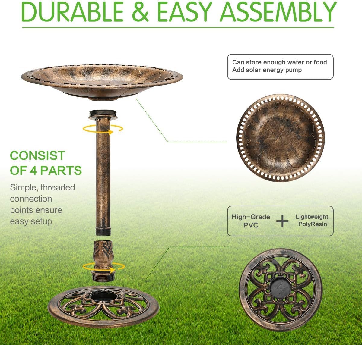 KKY 28 Inch Bird Bath Outdoor Garden Resin Lightweight Retro Courtyard Art Copper Color