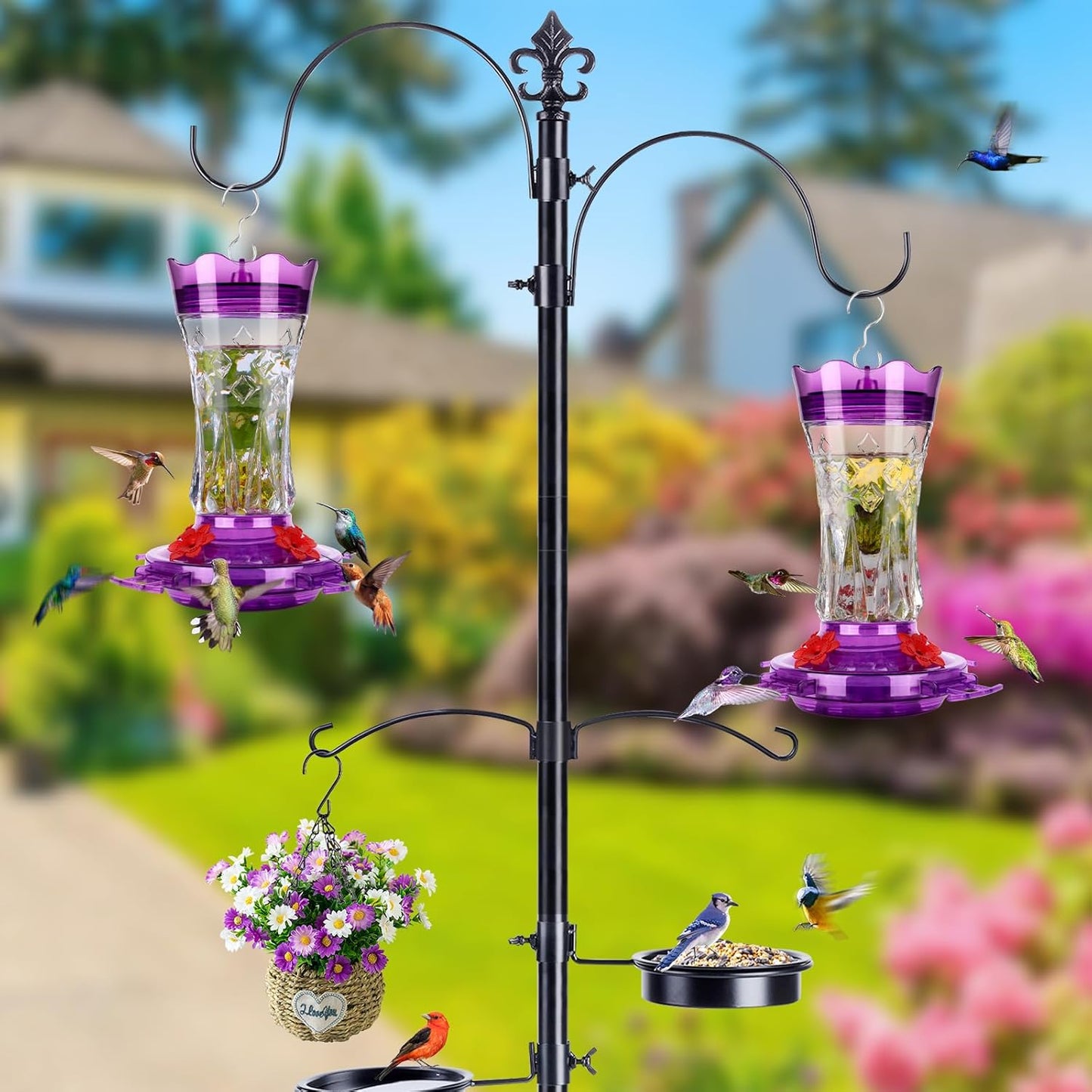 Hummingbird Feeders for Outdoors Hanging, BOLITE Glass Hummingbird Feeder, 4 Bee Guard Feeding Ports, Built-in Ant Moat, Leak Proof, 15 Ounces, Stars Decor, Purple, 2 Pack, Gifts for Women Men