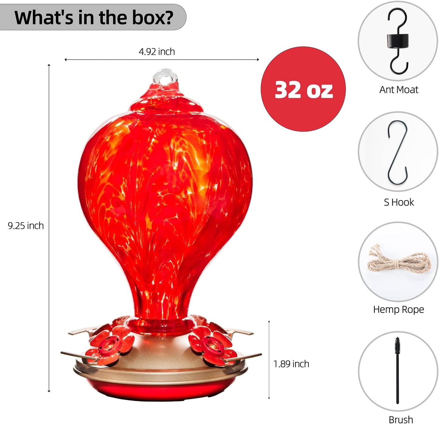 2 Packs Hummingbird Feeder for Outdoors Hanging Ant and Bee Proof, 34OZ 32OZ Hand Blown Glass Hummingbird Feeders for Outside (Blue & Flame)