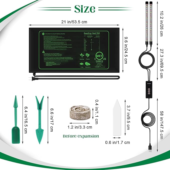 Hahood Seed Starter Kit 40-Cell Seed Starter Tray with Grow Lights Full Spectrum Seedling Heat Mat 40 Peat Pellets Seeds Starting Soil Plant Labels Garden Tools for Germination Seeds Growing, Green