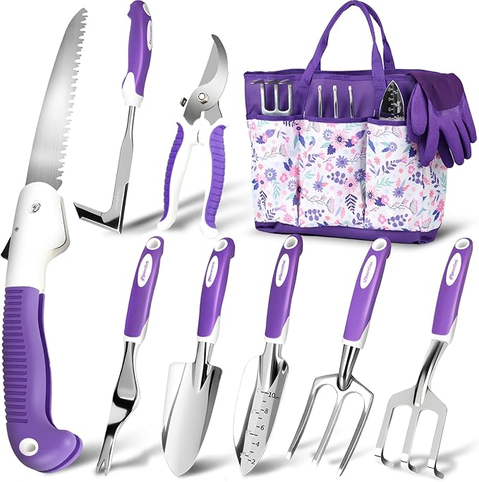 MelonArt Garden Tool Set, 10 Pcs Heavy Duty Gardening Tool Kit Women Garden Gift Set Aluminum with Non Slip Ergonomic Handle, Storage Tote Bag and Gloves, Garden Supplier for Women&Men(Purple)
