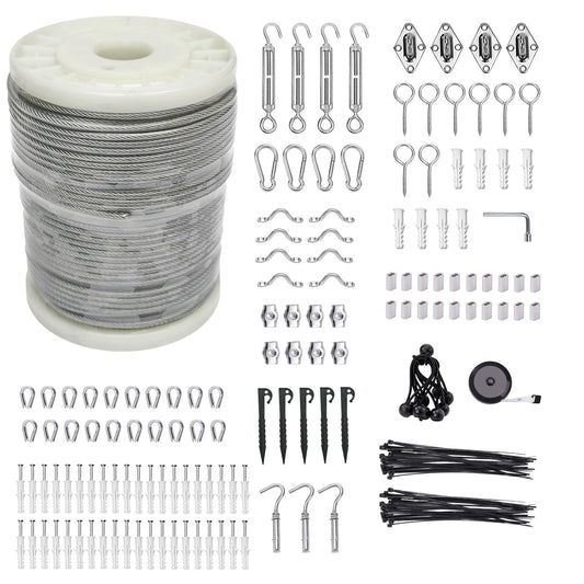 1/8" Wire Cable Rope Kit ，Vinyl Coated 304 Stainless Steel Wire – 200FT 7x7 Strand Cable with Turnbuckles，Shade Sail & Hanging Lights Hardware Kit for Outdoor, Garden,Patio, Crafts,