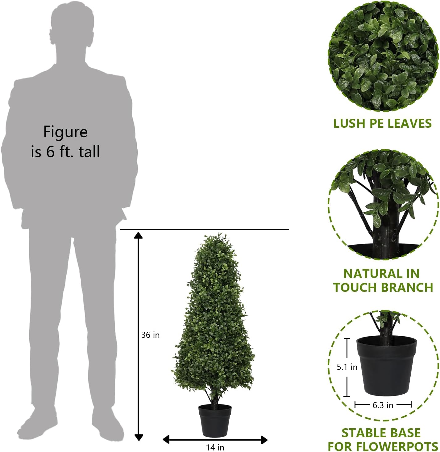 3ft Artificial Boxwood Topiary Trees (Set of 2) - UV Resistant Faux Plants Outdoor, Realistic 36" Fake Cone Bushes and Shrubs for Front Porch, Planter, Patio - Low Maintenance & Evergreen
