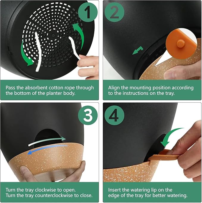 Carsapro 4-Pack Plant Pots with Drainage 6.5/6/5.5/5 Inch, Self Watering Pots for Indoor Plants, Planters for Indoor Outdoor Plants, Plastic Flower Pot, Planter for Indoor Outdoor (Black)