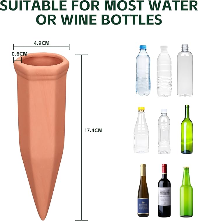 Soilagua Large Terracotta Watering Spikes with Lids, Automatic Plant Waterer Outdoor | Indoor, Vacation Friendly Clay Plant Watering Devices System, Slow Release Self Watering Planter Insert, 8 Pack