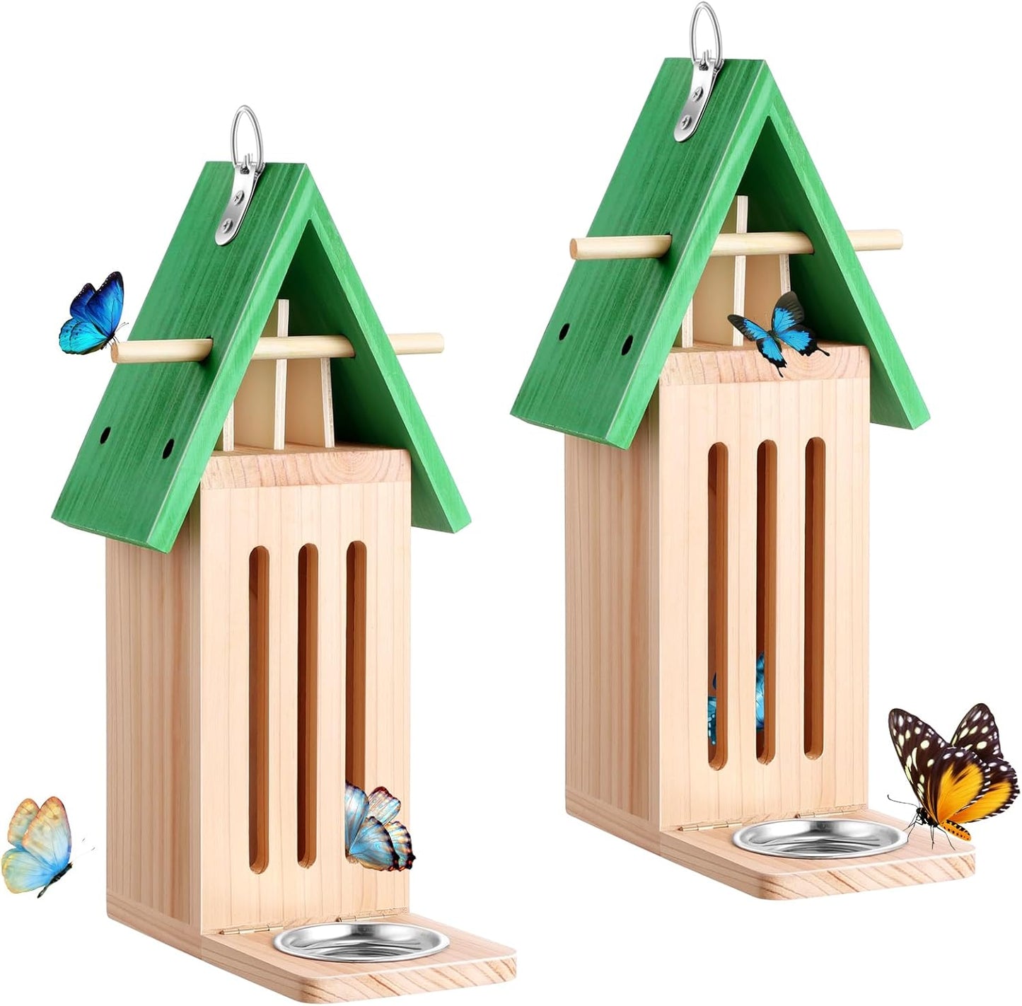 2PCS Butterfly House and Feeder for Outside, Wooden Butterfly House Butterflies Feeder for Garden, Butterflies Habitat with Puddler on Floor or Hanging on Tree Wall