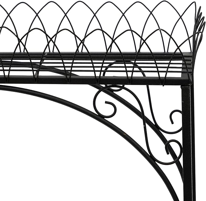 Black Long Double-Layer Plant Shelf, French Courtyard Style Metal Stand for Tall Potted Plants, Sturdy Indoor Outdoor Planter Holder Garden Decor