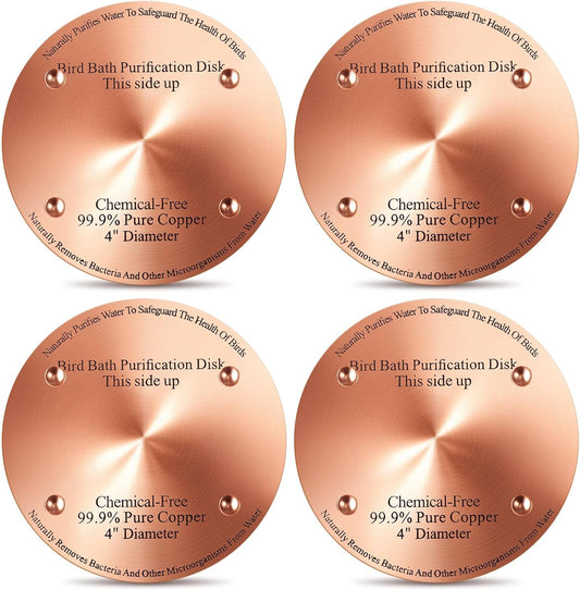 4 Pcs Bird Bath Copper Disk, 0.6mm Thick Reinforced 99.99% Pure Copper Birdbath Purification Disk, with 4 Point Support for Outdoor Birdbaths Bowls Cleaner, 4 Inch (Classic)