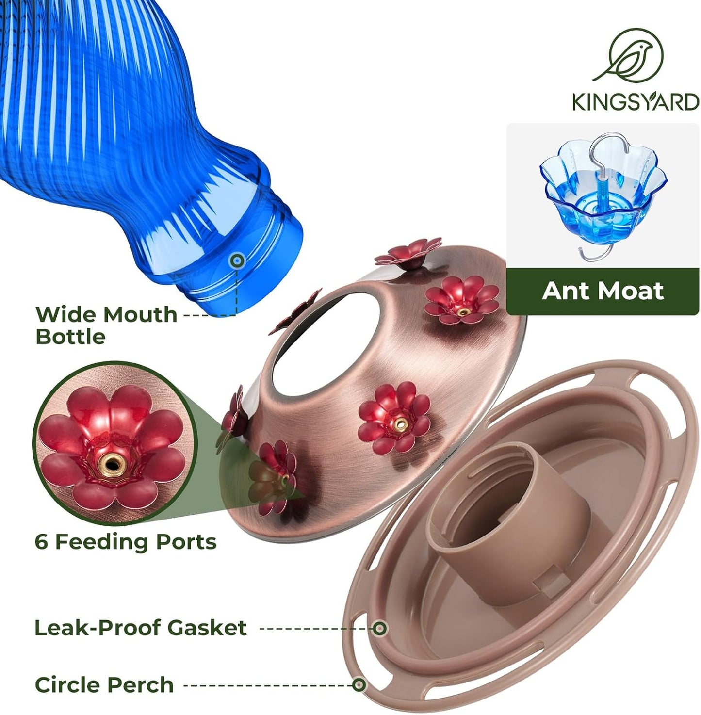 Kingsyard Glass Hummingbird Feeders for Outdoors, 24 oz Hummingbird Nectar Feeder for Outdoors Garden Yard Décor, 6 Feeding Ports, Ant Moat Included, Easy to Clean & Refill, Navy Blue