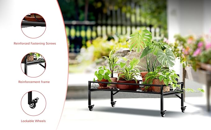 Zhongma Sturdy Metal Plant Stand with Wheels,Heavy Duty Succulent Shelf for Home Indoor and Outdoor, 220 LBS Capacity & Heavy Duty Construction,32.7x16x11.6 Inch High