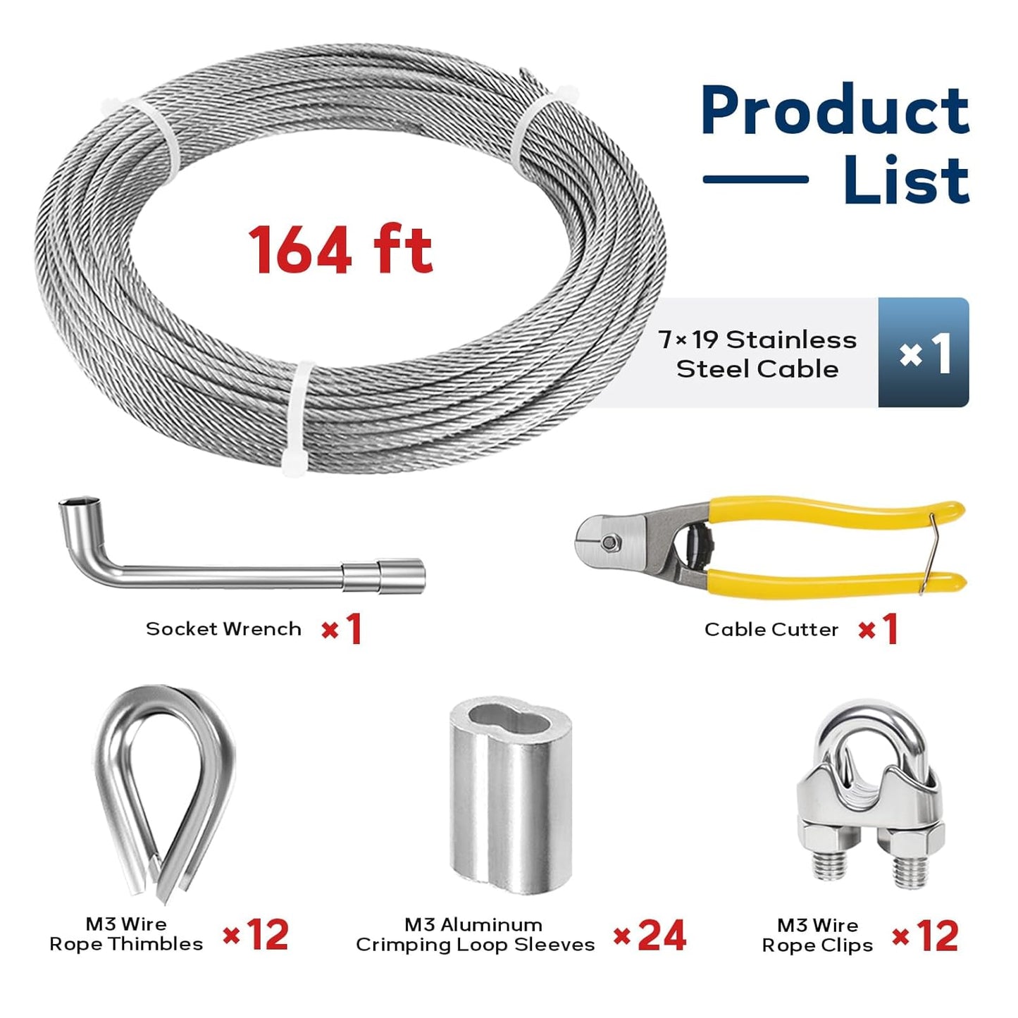 1/8 Inch Stainless Steel Cable 164FT, 7x19 Strand Wire Rope Kit with Thimbles, Clips & Aluminium Sleeves for Plants Climbing, Deck Fence Railing, String Light Haning and DIY Projects