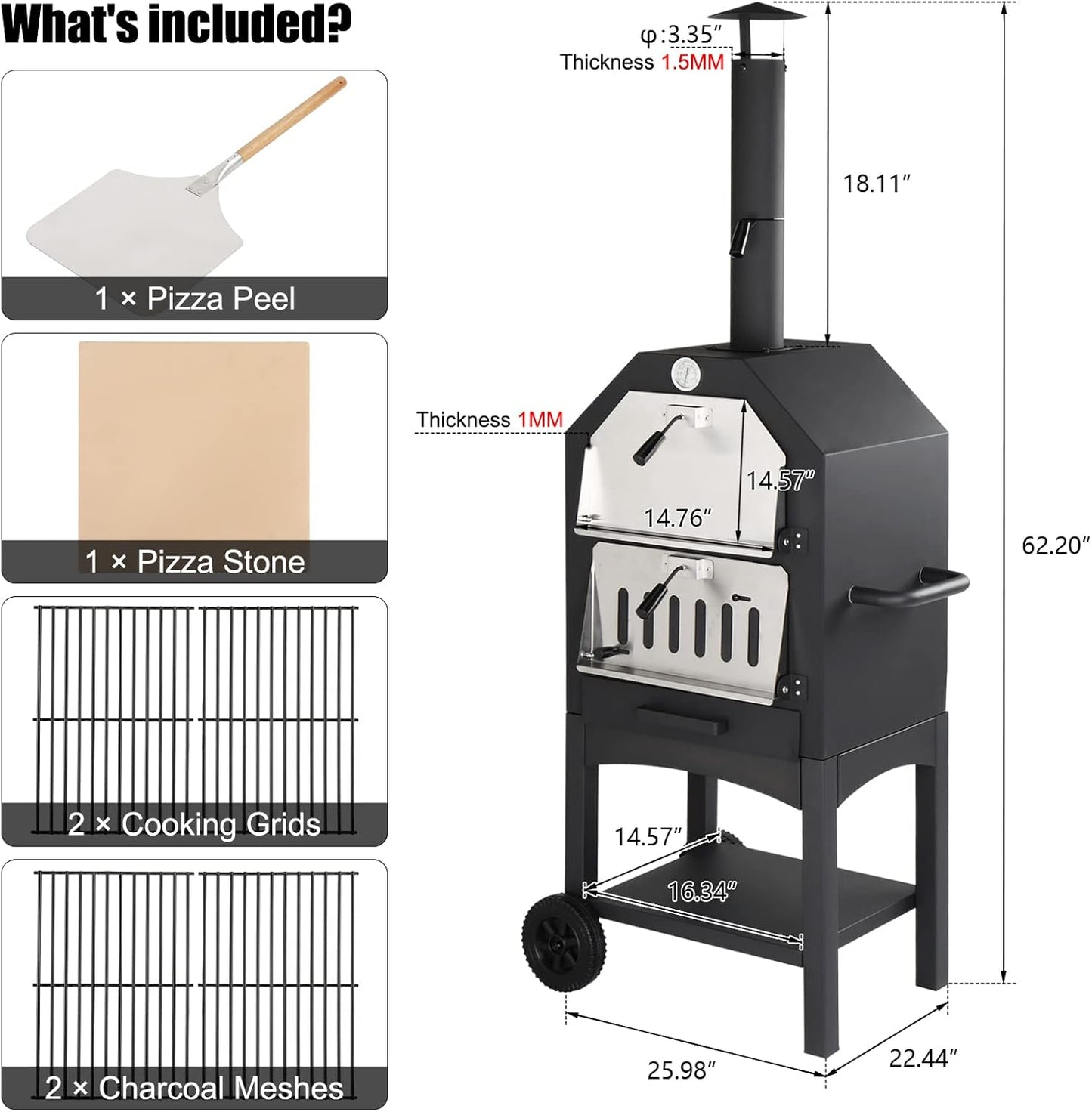Outvita Outdoor Pizza Oven, Wood Fired Pizza Oven with Adjustable Chimney, Wheels, Pizza Stone, Pizza Peel, Grill Rack for Patio Cooking Picnic Party