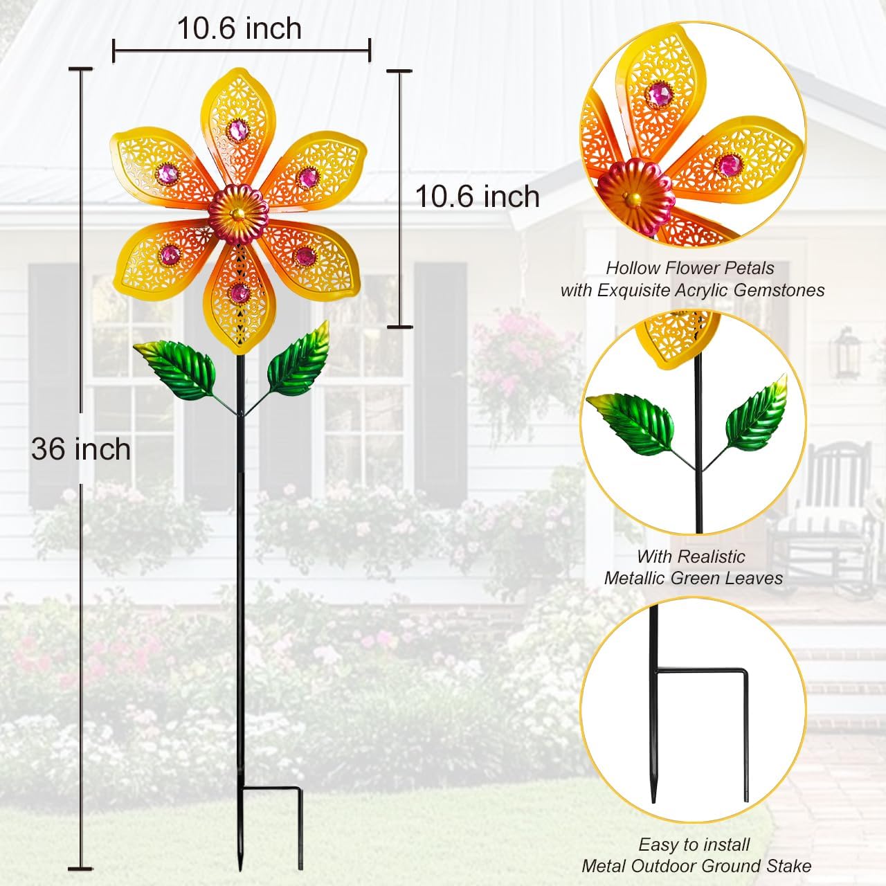 Metal Wind Spinners for Garden Decor Outdoor Windmill Sculptures, Durable Yard Art Wind Spinners Metal Wind Spinner for Patio Lawn Ornament (Bright Orange Flowers)