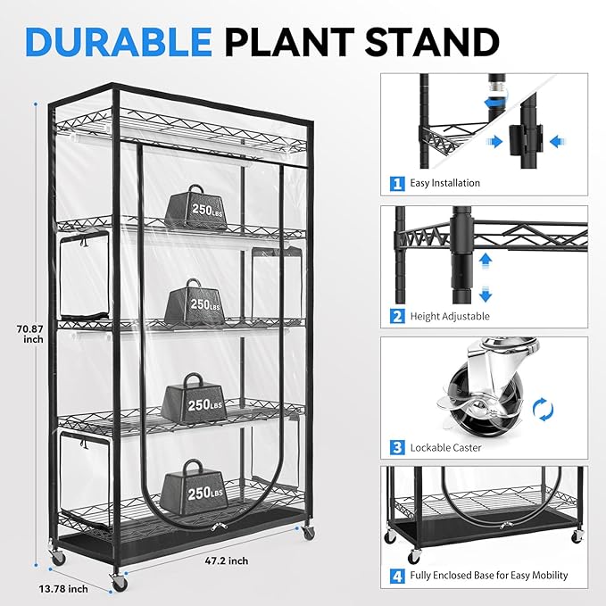 JESLED Indoor Greenhouse with Grow Light, 4FT Full Spectrum 5000K LED Light for Seed Starting, Tiered Lighting Control, Built-in Timer & Thermo-Hygrometer, Rolling Metal Plant Stand (47.2x13.8x70IN)