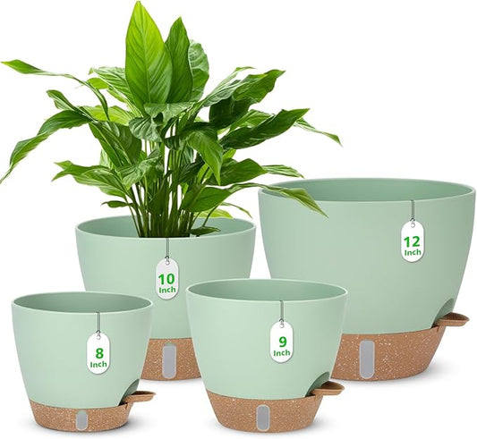 12" 10" 9" 8" Self Watering Pots with Water Level Indicator, Large Plastic Planters Set with Mesh Drainage Hole and Removable Saucer Reservoir, Big Flower Pot for Indoor Outdoor Plants (Green)