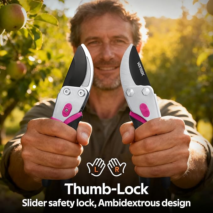 VOTREK Pruning Shears, 8.5” Professional Garden Pruner with Jam-Proof Spring & Ever-Sharp SK5 Blade, Ergonomic Bypass Clippers for Rose, Tree, Heavy Duty Bonsai Scissor for Weak Hand