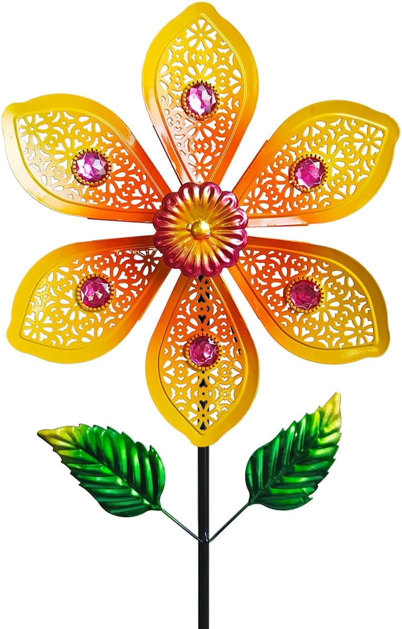 Metal Wind Spinners for Garden Decor Outdoor Windmill Sculptures, Durable Yard Art Wind Spinners Metal Wind Spinner for Patio Lawn Ornament (Bright Orange Flowers)