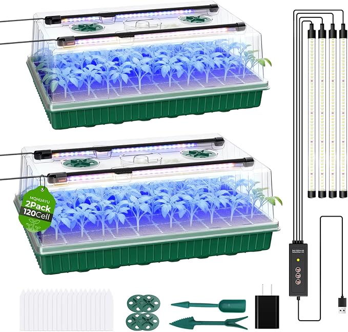 120 Cells Seed Starter Tray with Grow Light, Smart Timer， Seedling Starter Kit with Humidtiy Dome, 3/6/12H Timer，Germination Kit For all plants including cucumbers, tomatoes etc.Plant Seed（2Pack ）