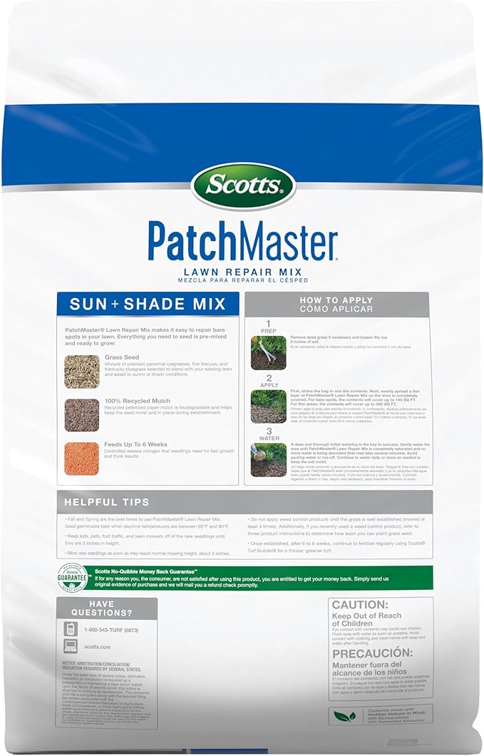 Scotts PatchMaster Lawn Repair Mix Sun + Shade Mix, Combination Grass Seed, Fertilizer, and Mulch, 10 lbs.