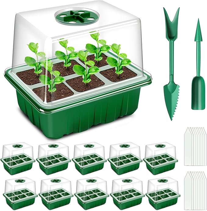 YAUNGEL Seed Starter Tray, 10 Pack 60 Cells Thicken Seed Starting Trays Kit with Large Cell/Heightened Lids/Humidity Dome, Durable Growing Trays Germination Kit for Greenhouse & Gardens, Green