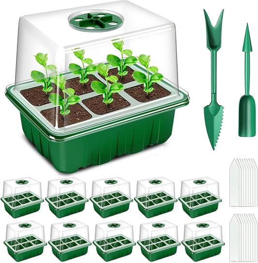 YAUNGEL Seed Starter Tray, 10 Pack 60 Cells Thicken Seed Starting Trays Kit with Large Cell/Heightened Lids/Humidity Dome, Durable Growing Trays Germination Kit for Greenhouse & Gardens, Green