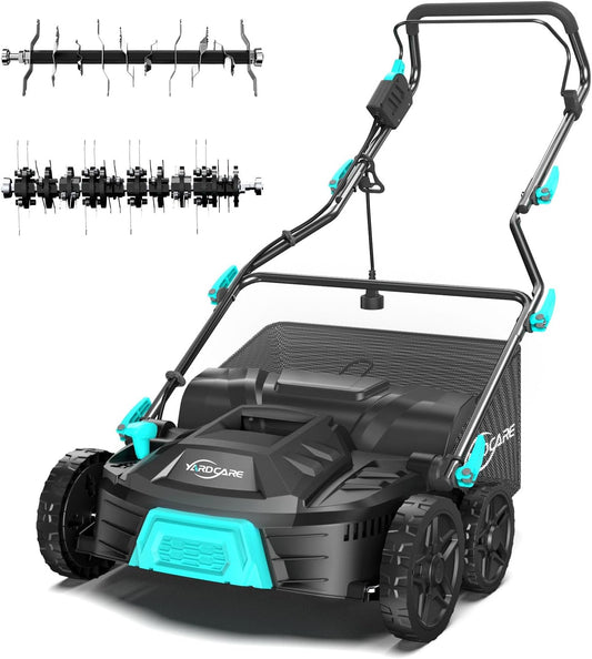 16‑Inch 15Amp 2‑in‑1 Electric Dethatcher & Scarifier with 5‑Position Depth Adjustment, 12 Gallon Removable Grass Collection Bag, Foldable Design, Lawn Thatcher for Yard Lawn Garden Care
