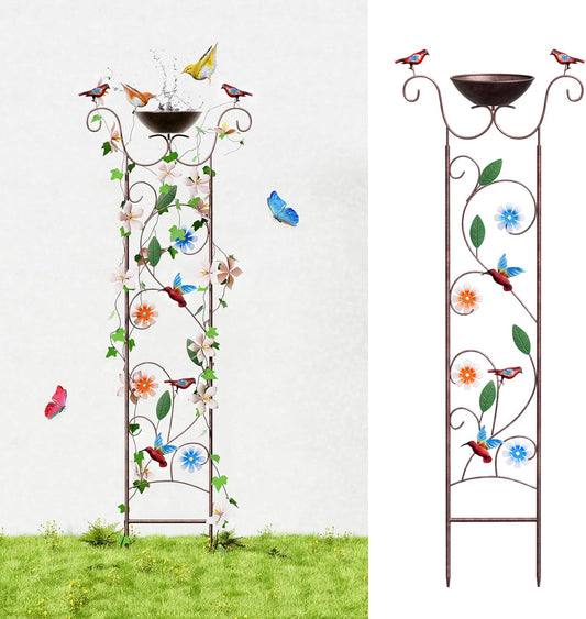 Bird Bath for Outside - Antique Iron Bird Bath with Trellis,Detachable Decorative Hummingbird Bowl,Metal Plant Support for Climbing Flowers,Elegant Outdoor Garden Feature (Hummingbird)