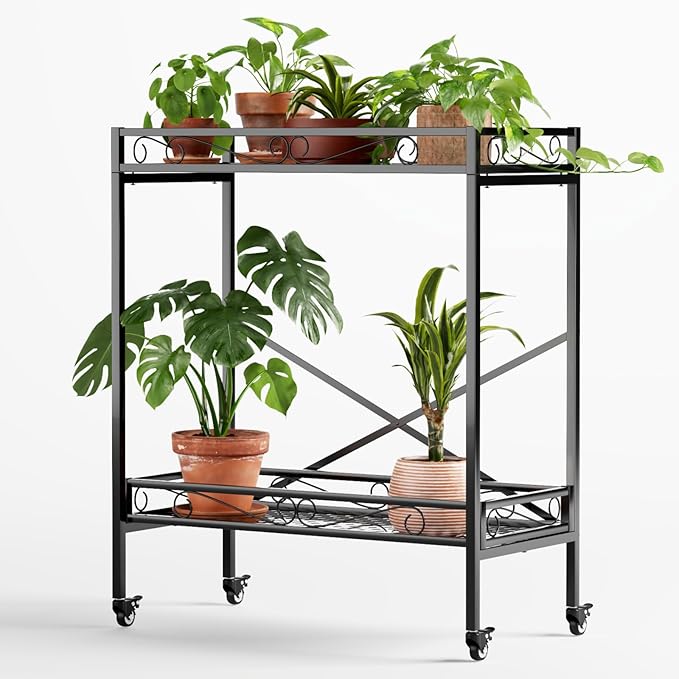 Zhongma 2 Tier Sturdy Metal Plant Stand with Wheels,Heavy Duty Succulent Shelf for Home Indoor and Outdoor, 440 LBS Capacity & Heavy Duty Construction,32.7x16x39.4 Inch High