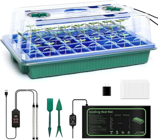 joyhalo 40 Cell Seed Starter Kit with Grow Light and Graphene Heating Mat, Reusable Seed Starter Tray with Higher 4.7”Humidity Domes, Garden Plant Germination Station