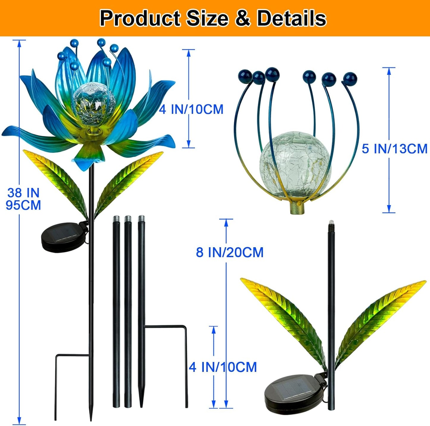 Wind Spinners Outdoor, 38 Inch Metal Wind Spinner Yard Art with Stake, Colorful Solar Windmill for Yard and Garden Lawn Patio Farmhouse Decor-Blue