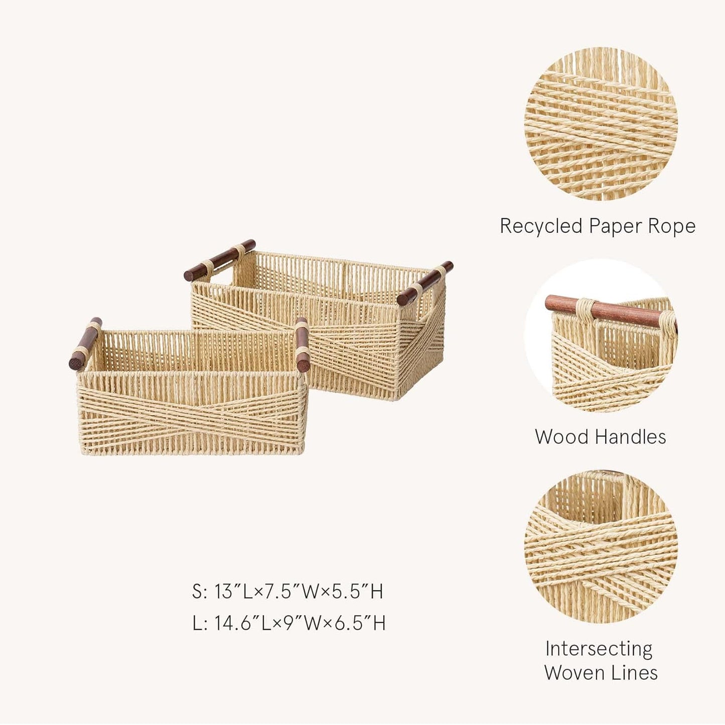 LA JOLIE MUSE Wicker Storage Baskets for Organizing, Recyclable Paper Rope Basket with Wood Handles, Decorative Hand Woven Basket Organizers for Makeup Books Shelves Living Room, Beige, Set of 2