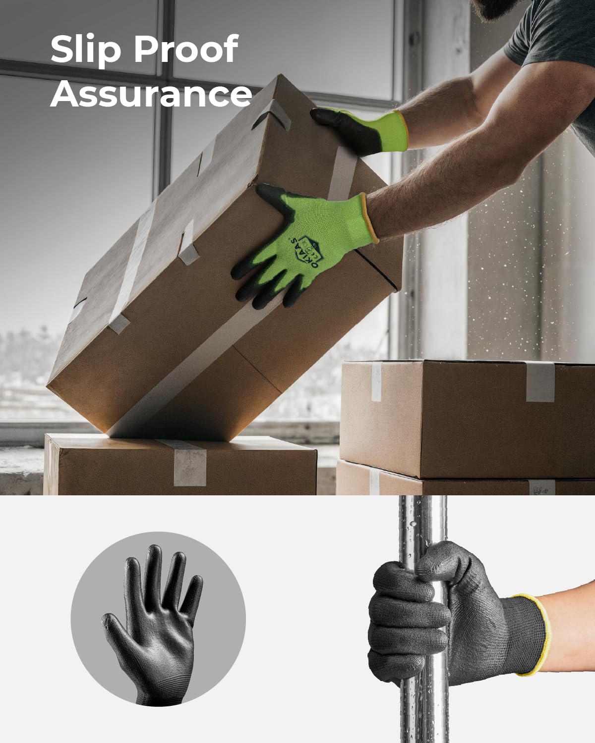OKIAAS Work Gloves for Men, Ultra Thin and Lightweight with Grip, 12 Pairs Bulk Pack Construction Gloves with Polyurethane Coating, Safety Gloves for Light Duty Work (Green, Medium)