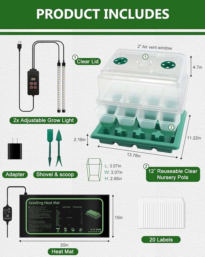 joyhalo 12 Cell Seed Starter Kit with Grow Light and Graphene Heating Mat, Reusable Seed Starter Tray with Higher 4.7”Humidity Domes and Large Clear Silicone Base Nursery Pots