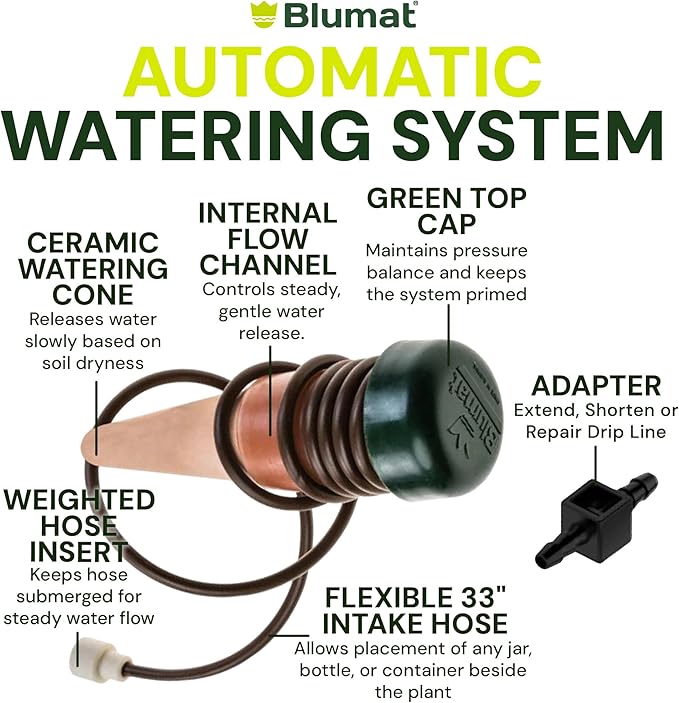 Blumat Classic Self-Watering Stakes - Automatic Drip Irrigation System for Indoor Plant Watering & Outdoor - Water Drip Solution for Potted Plants - Slow Release Stakes, 15 Pack, w Adapter