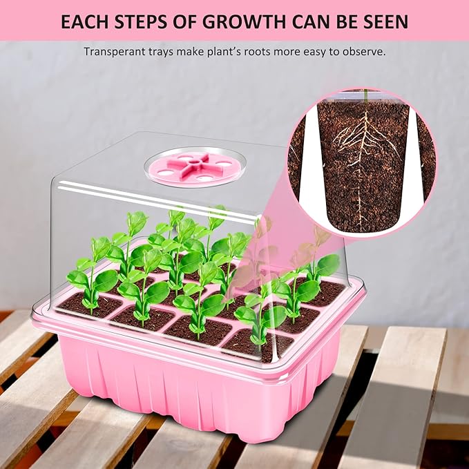 YAUNGEL Seed Starting Trays, 10 Pack 120 Cells Thicken Seed Starter Tray Kit with Humidity Dome/Heightened Lids Durable Growing Trays for Greenhouse & Gardens, Pink