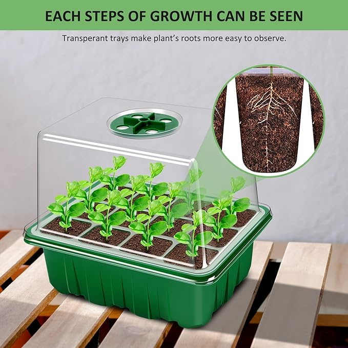 YAUNGEL Seed Starter Tray, 10 Pack 120 Cells Thicken Seed Starter Kit with Heightened Lids Humidity Dome Seedling Starter Trays for Indoor Gardening Plant, Green