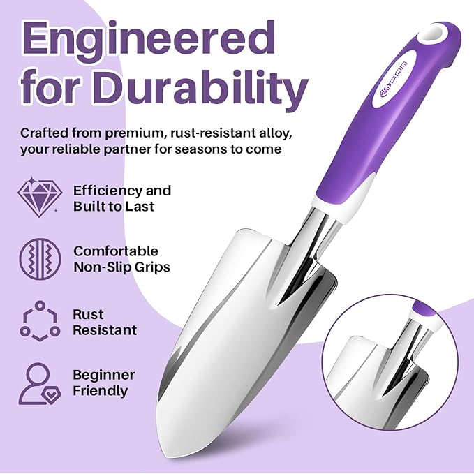 MelonArt Garden Tool Set, 10 Pcs Heavy Duty Gardening Tool Kit Women Garden Gift Set Aluminum with Non Slip Ergonomic Handle, Storage Tote Bag and Gloves, Garden Supplier for Women&Men(Purple)