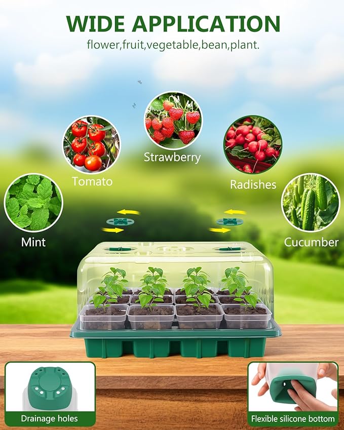 joyhalo 12 Cell Seed Starter Kit with Grow Light and Graphene Heating Mat, Reusable Seed Starter Tray with Higher 4.7”Humidity Domes and Large Clear Silicone Base Nursery Pots