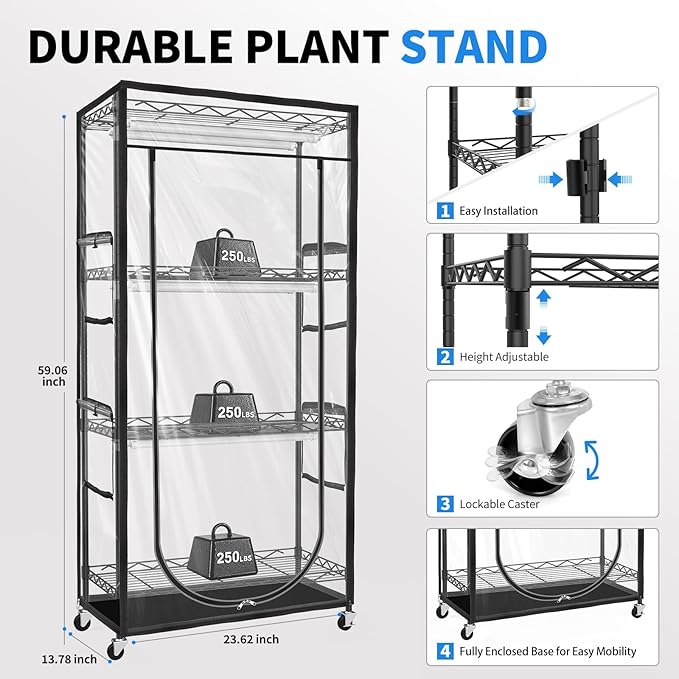 JESLED Indoor Greenhouse with Grow Light - Full Spectrum 5000K LED for Seed Starting, Tiered Lighting Control, Built-in Timer & Thermo-Hygrometer, Rolling Metal Plant Stand (23.6x13.8x59 in)
