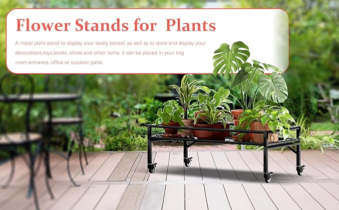 Zhongma Sturdy Metal Plant Stand with Wheels,Heavy Duty Succulent Shelf for Home Indoor and Outdoor, 220 LBS Capacity & Heavy Duty Construction,32.7x16x11.6 Inch High