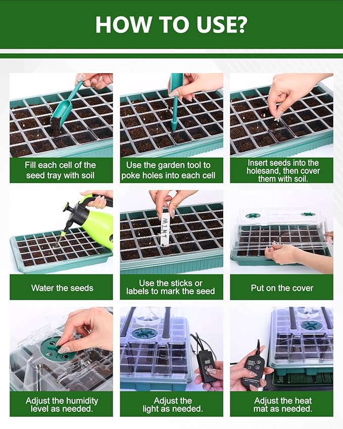 joyhalo 40 Cell Seed Starter Kit with Grow Light and Graphene Heating Mat, Reusable Seed Starter Tray with Higher 4.7”Humidity Domes, Garden Plant Germination Station