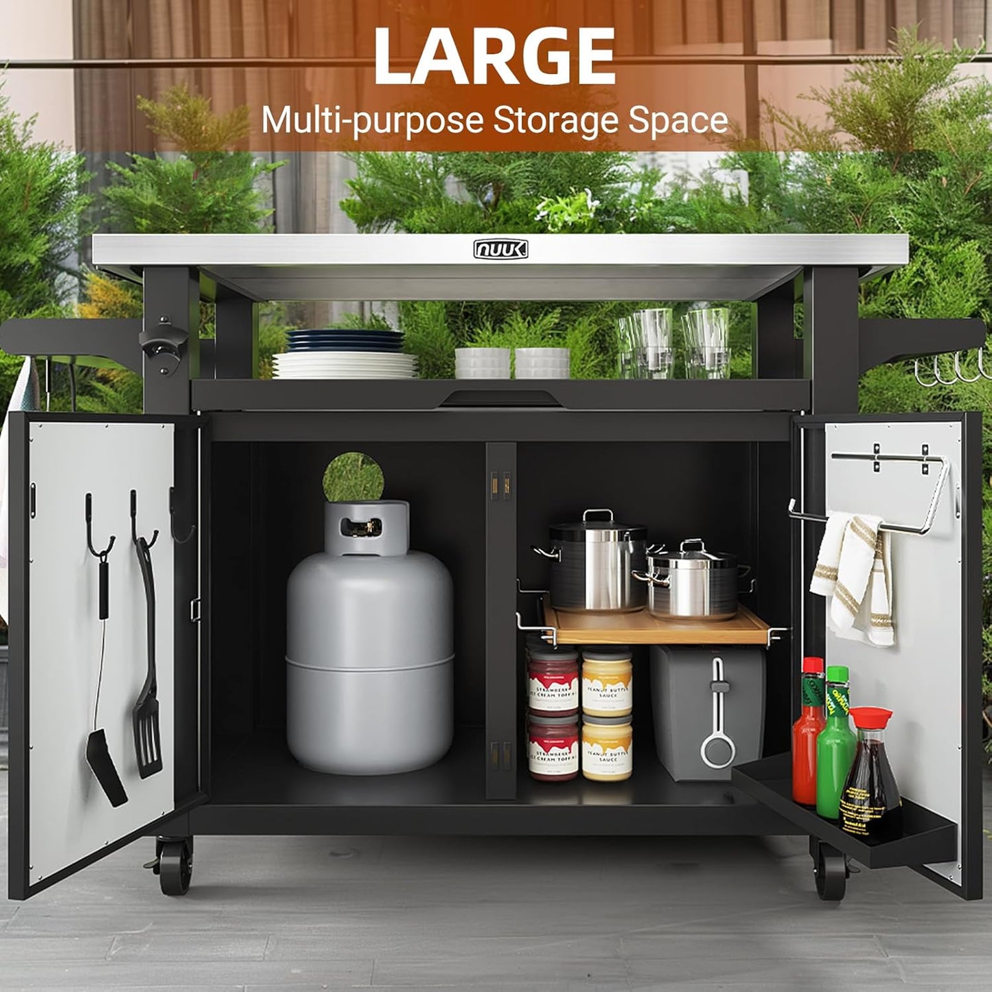 NUUK Outdoor Grill Cart with Storage Cabinet Metal Kitchen Island Prep Table with Movable Universal Wheels and Stainless Steel Top for Outside BBQ Backyard Include Hooks Spice Rack