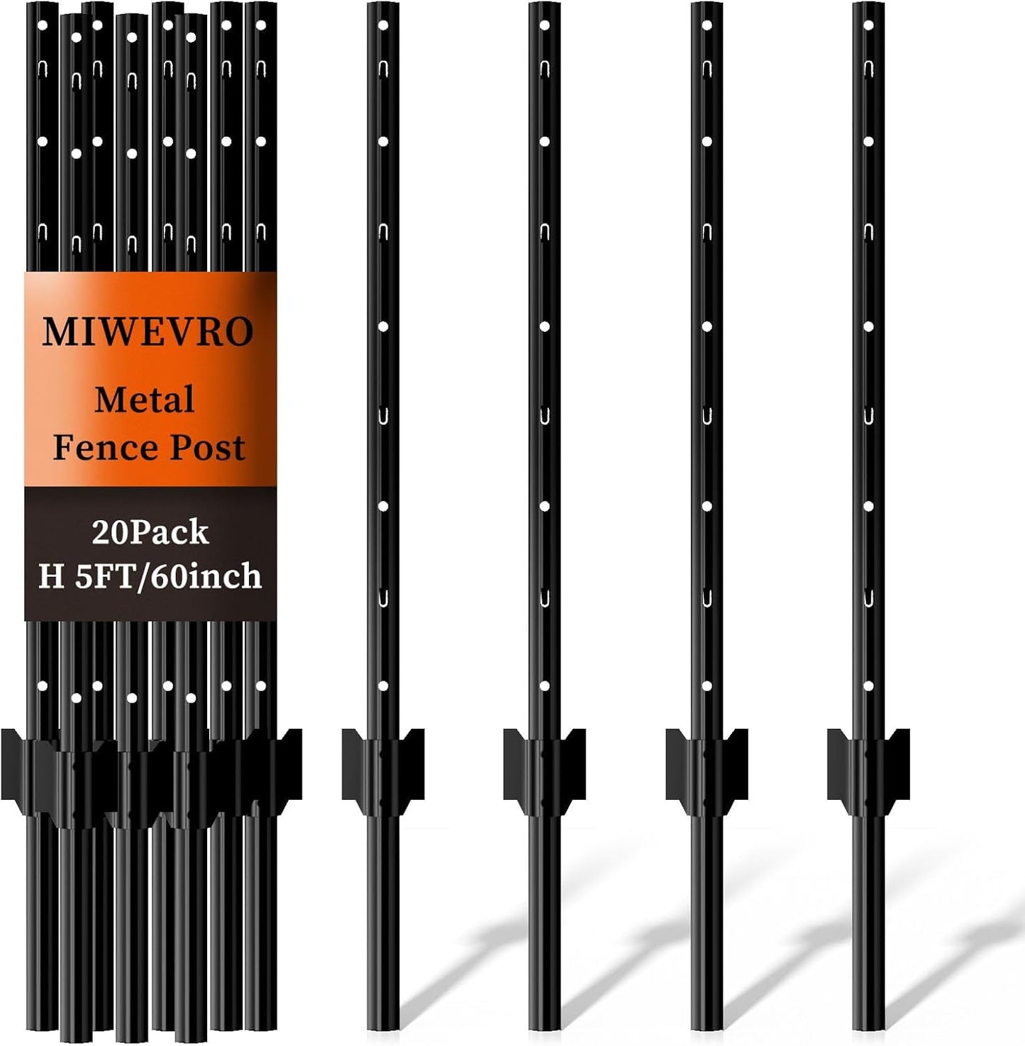 20 Pack Garden Fence Post, 5 Feet Heavy Duty Metal U-Post for Wire Fence, No Dig Garden Fence Stakes for Temporary Fencing, Electric Fence Wire, Corner Anchor, and More-Black
