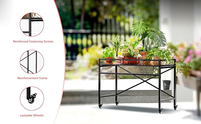 Zhongma Sturdy Metal Plant Stand with Wheels,Heavy Duty Succulent Shelf for Home Indoor and Outdoor, 220 LBS Capacity & Heavy Duty Construction, 36.6 x 16 x 26.2 in High