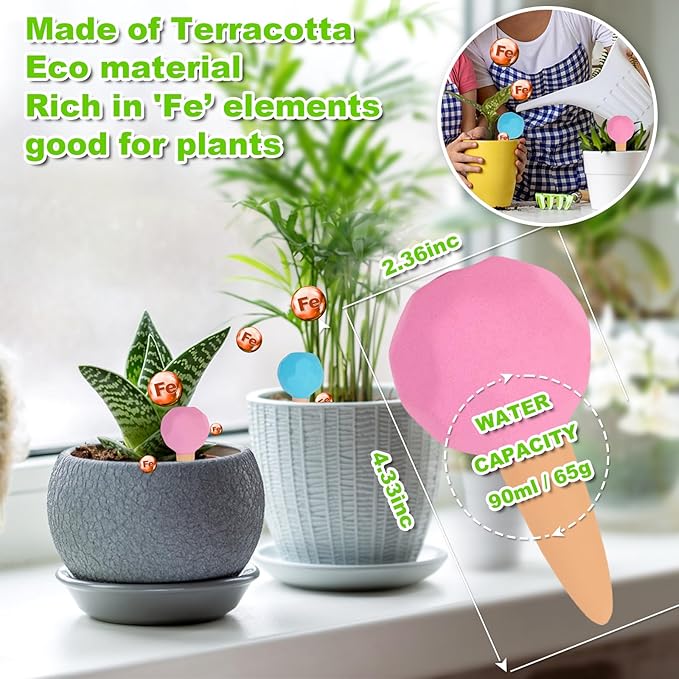 Tuzinano 4-Pack Terracotta Self-Watering Spikes | Eco-Friendly Iron-Rich Clay Olla Irrigation System | Vacation Plant Sitter for Potted Flowers, Herbs, and Succulents