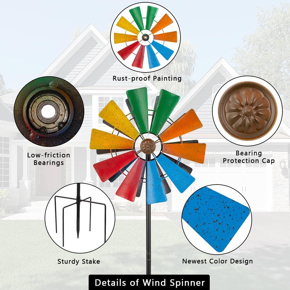 Stargarden Wind Spinners Outdoor, 13.4 Inch Kinetic Pinwheels, Colorful Metal Garden Spinners Double Windmill for Yard, Lawn, Patio