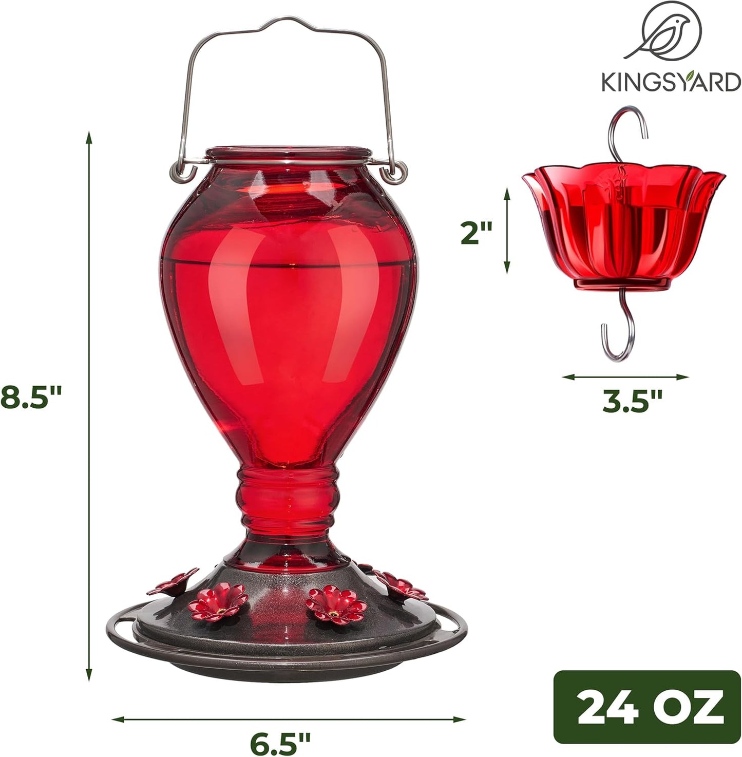 Kingsyard Glass Hummingbird Feeder - 6 Bee Guard Feeding Ports & Ant Moat, 24 oz Leak Proof, Wild Bird Feeder for Outdoors Hanging, Easy to Clean & Refill, Garden Yard Décor, Red
